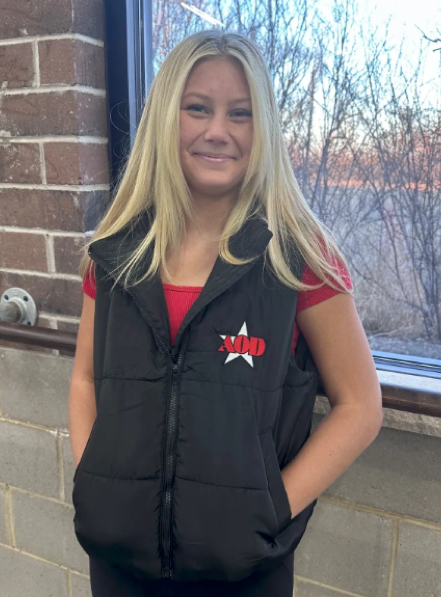 Embroidered waist-length AOD women's puffer vest!